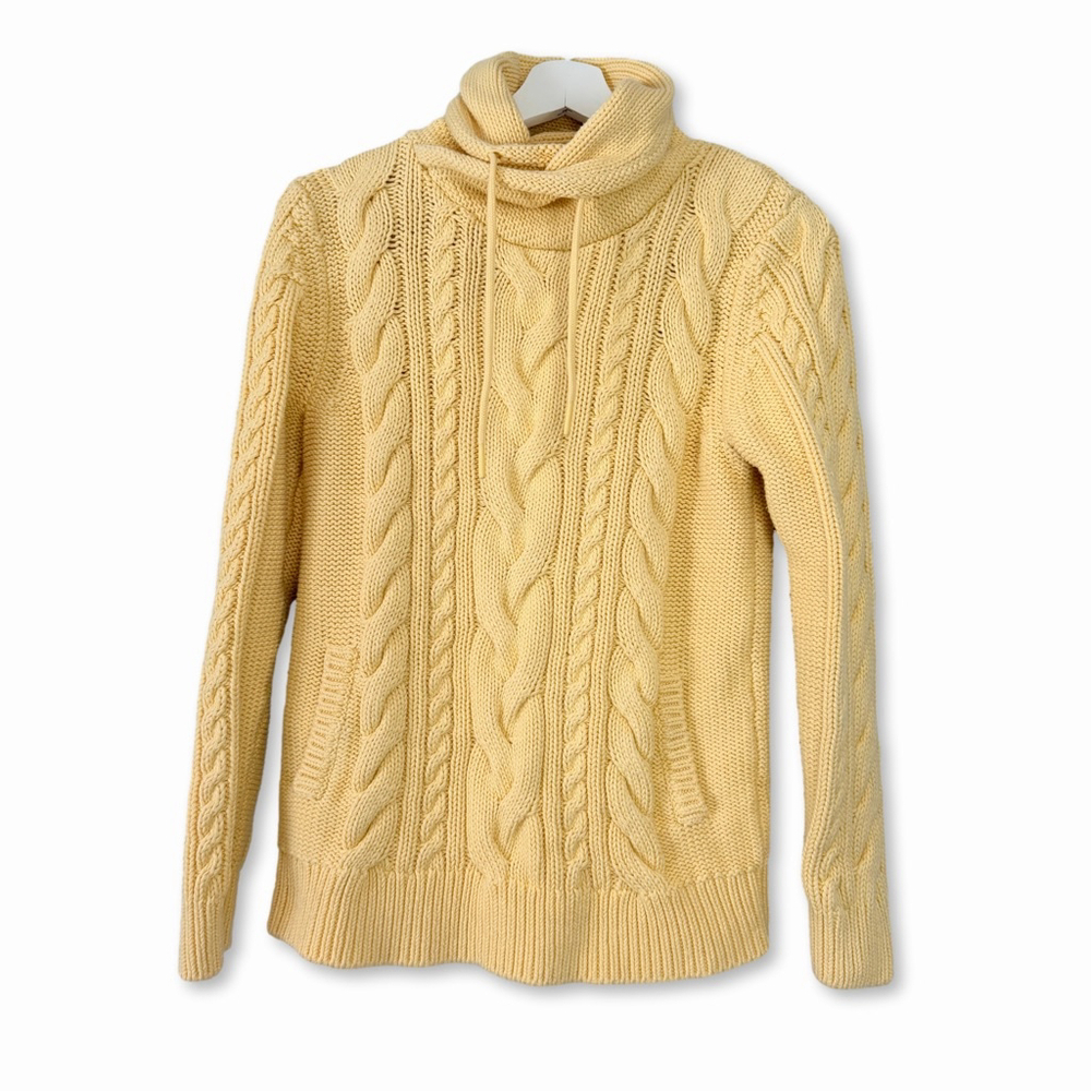 LL Bean Yellow Cable Knit Funnel Neck Sweater Medium